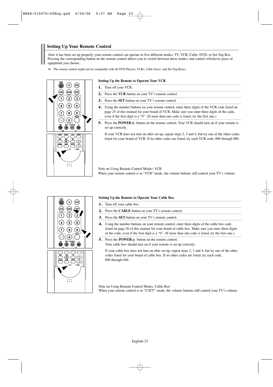 Setting up your remote control | Samsung LNS5797DX-XAA User Manual | Page 25 / 302