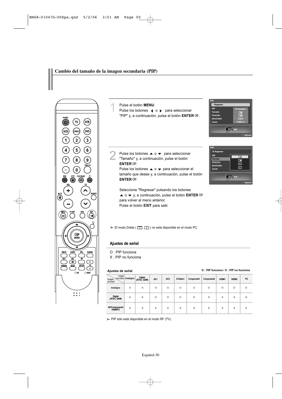 Cambio del tamaño de la imagen secundaria (pip) | Samsung LNS5797DX-XAA User Manual | Page 252 / 302