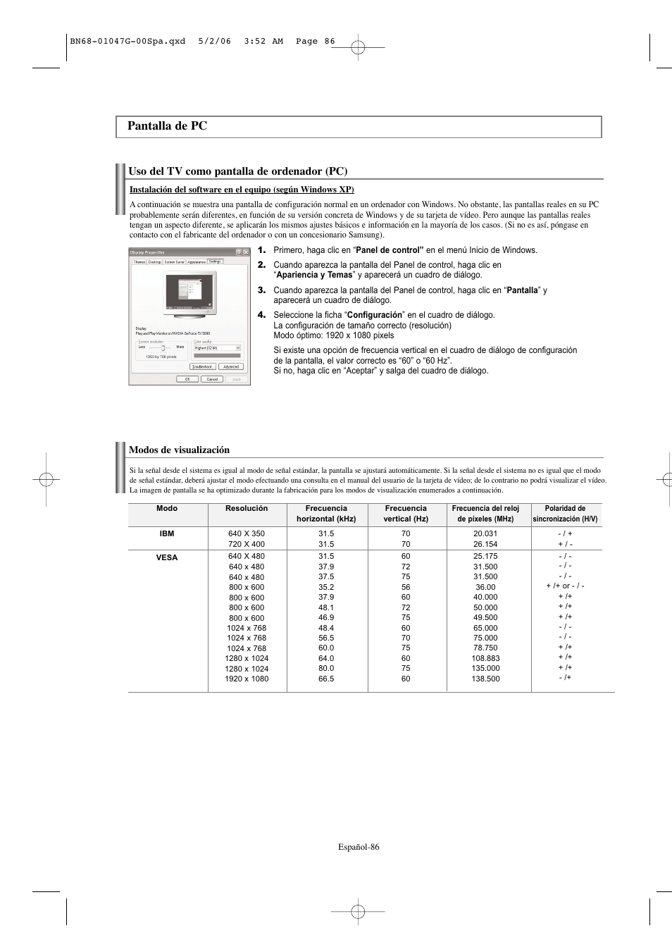 Pantalla de pc, Uso del tv como pantalla de ordenador (pc) | Samsung LNS5797DX-XAA User Manual | Page 288 / 302