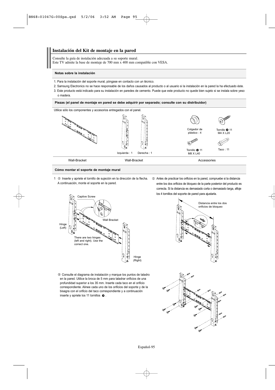 Instalación del kit de montaje en la pared | Samsung LNS5797DX-XAA User Manual | Page 297 / 302