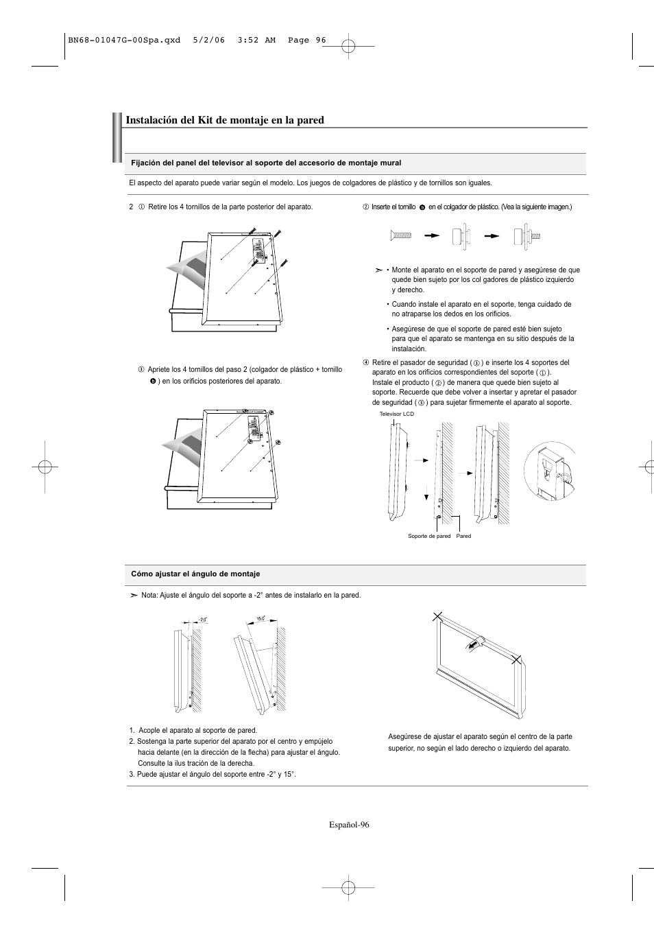 Instalación del kit de montaje en la pared | Samsung LNS5797DX-XAA User Manual | Page 298 / 302