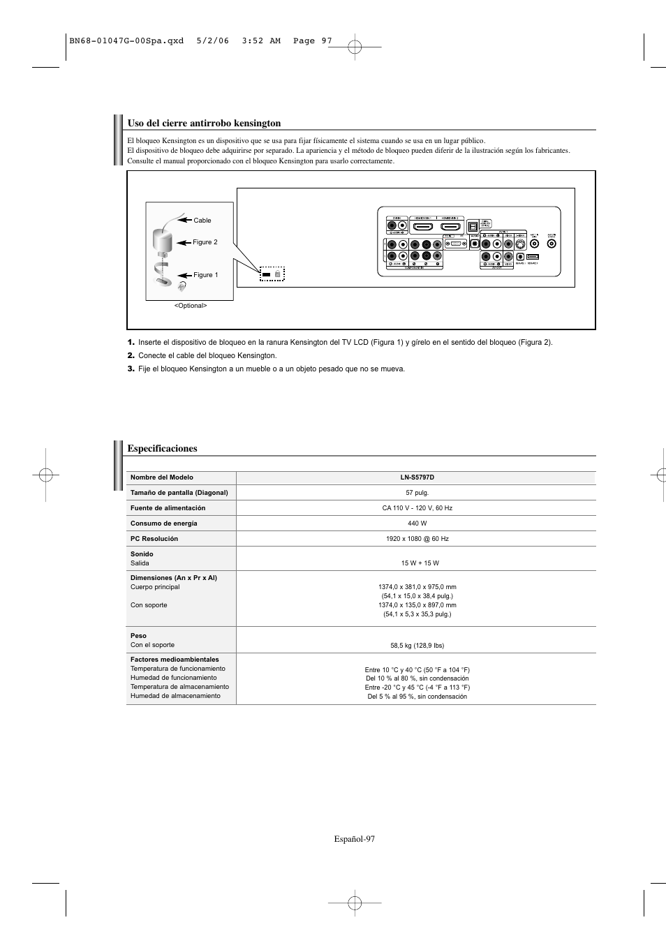 Uso del cierre antirrobo kensington, Especificaciones | Samsung LNS5797DX-XAA User Manual | Page 299 / 302