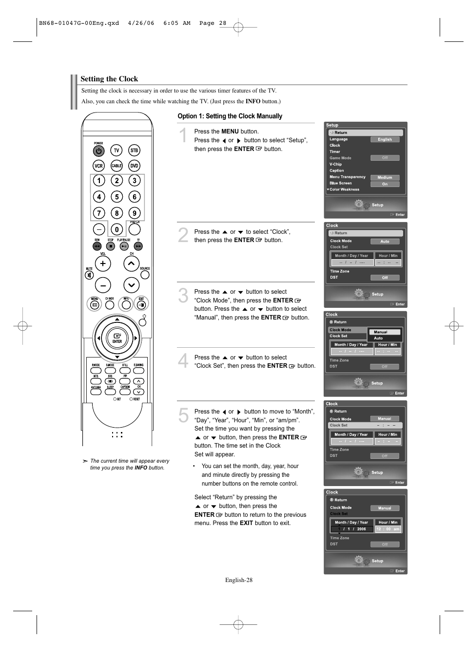 Setting the clock | Samsung LNS5797DX-XAA User Manual | Page 30 / 302