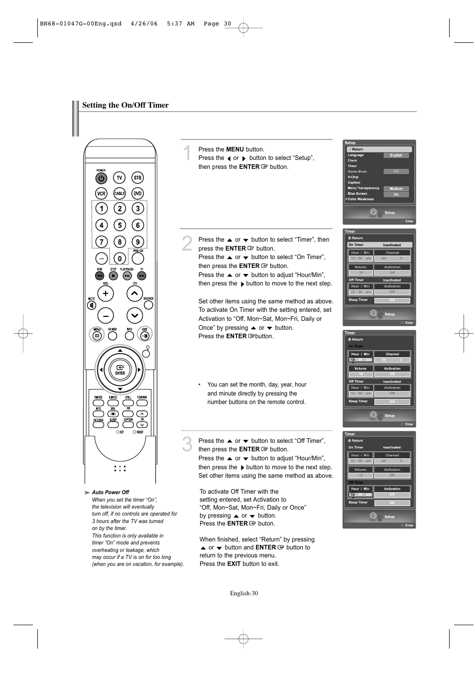 Setting the on/off timer | Samsung LNS5797DX-XAA User Manual | Page 32 / 302