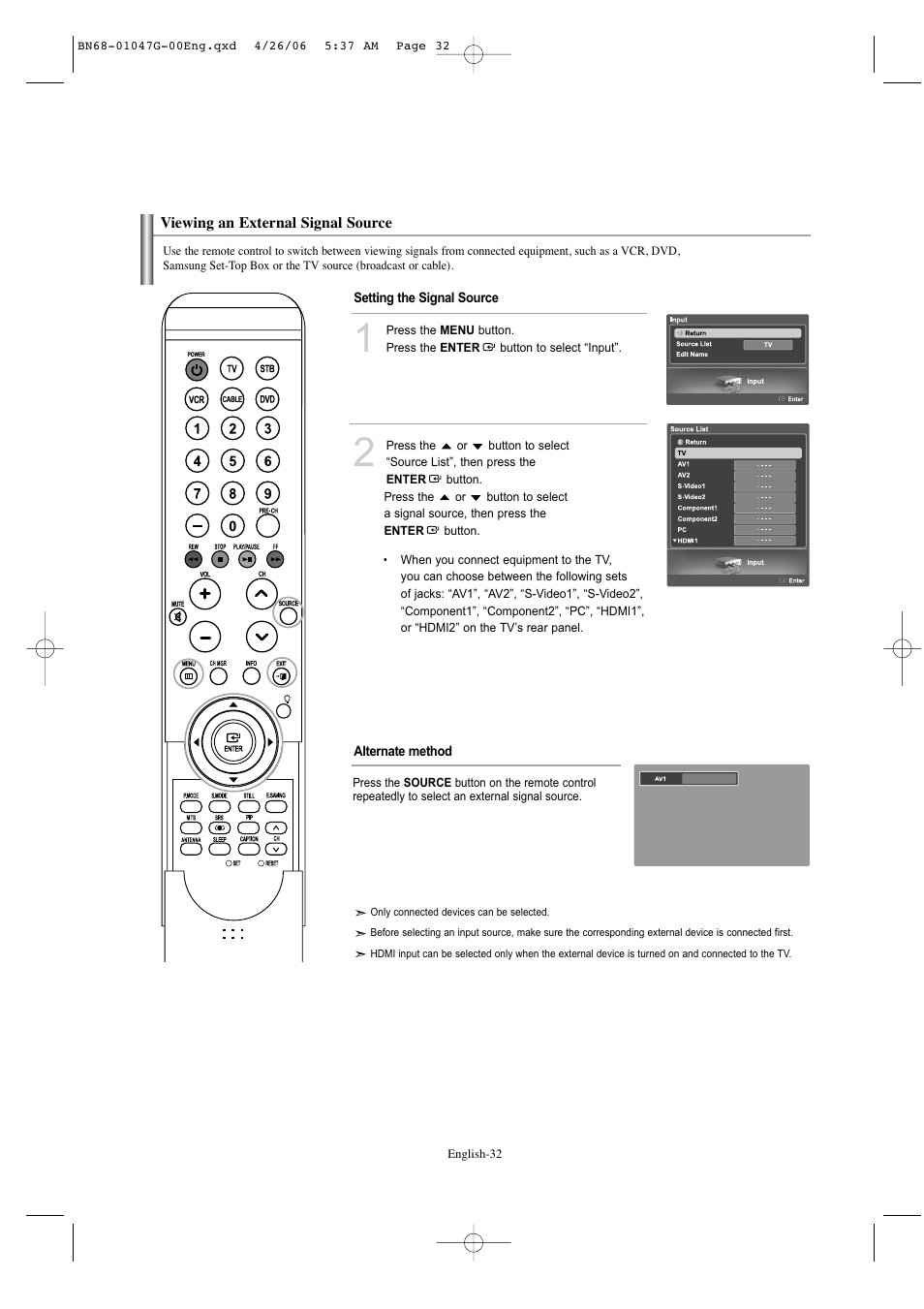 Viewing an external signal source | Samsung LNS5797DX-XAA User Manual | Page 34 / 302