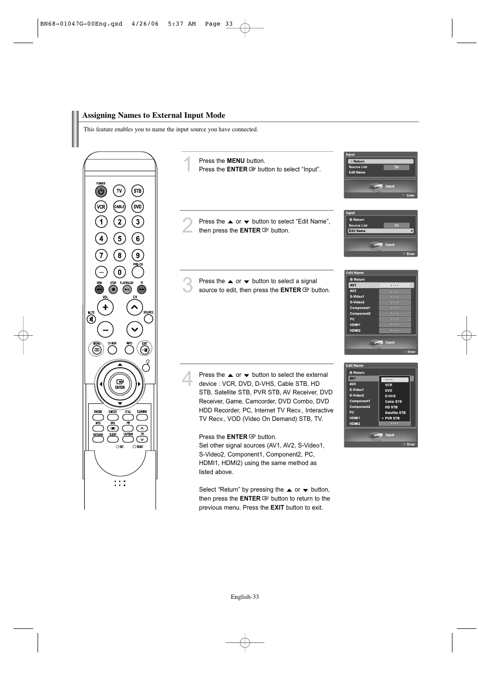 Assigning names to external input mode | Samsung LNS5797DX-XAA User Manual | Page 35 / 302