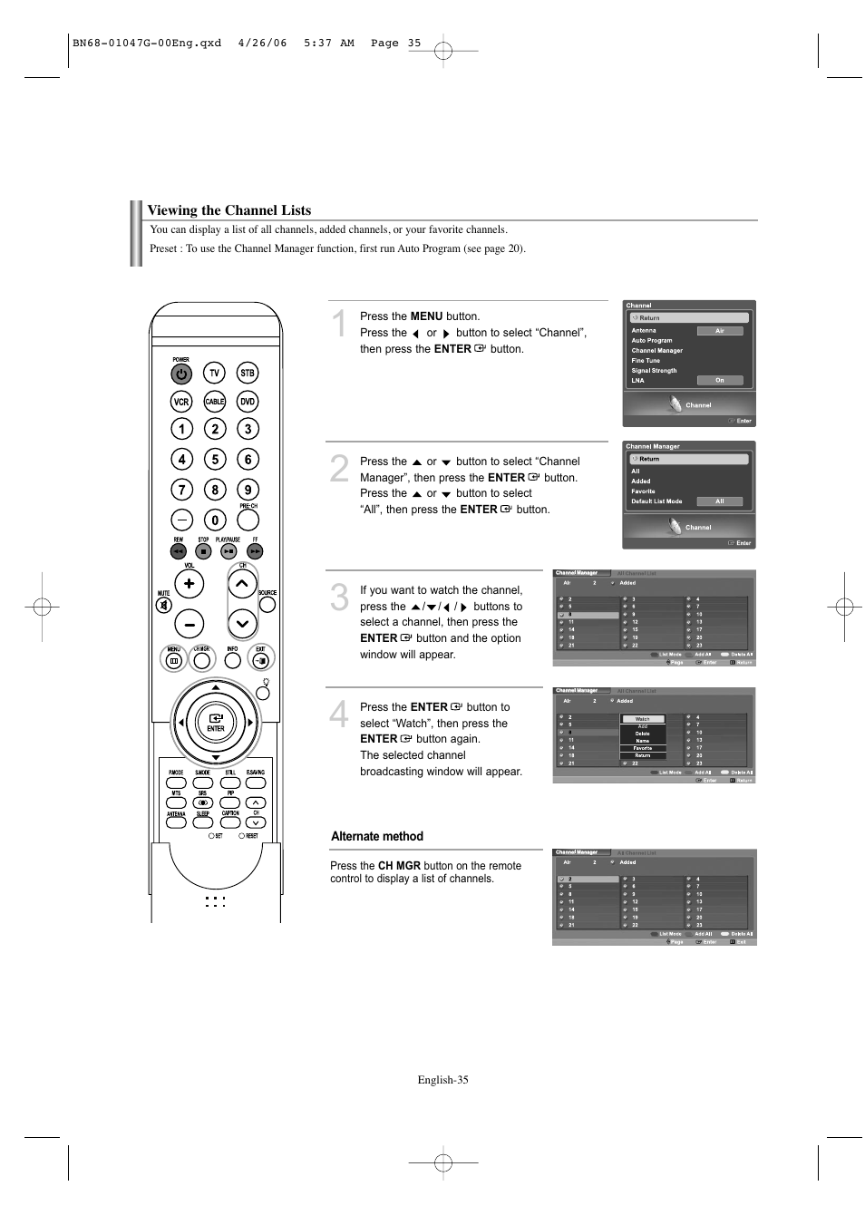 Viewing the channel lists | Samsung LNS5797DX-XAA User Manual | Page 37 / 302