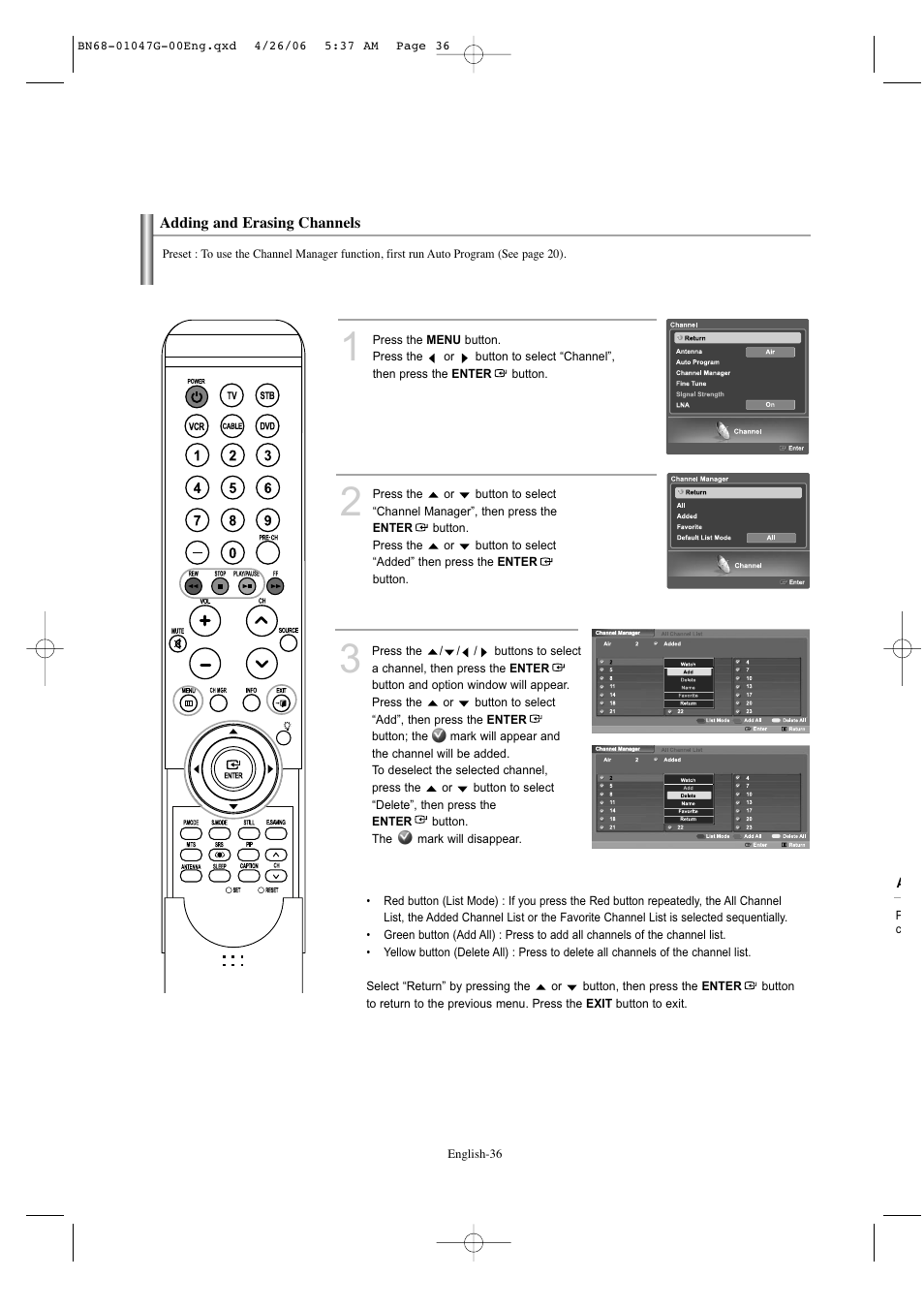 Adding and erasing channels | Samsung LNS5797DX-XAA User Manual | Page 38 / 302