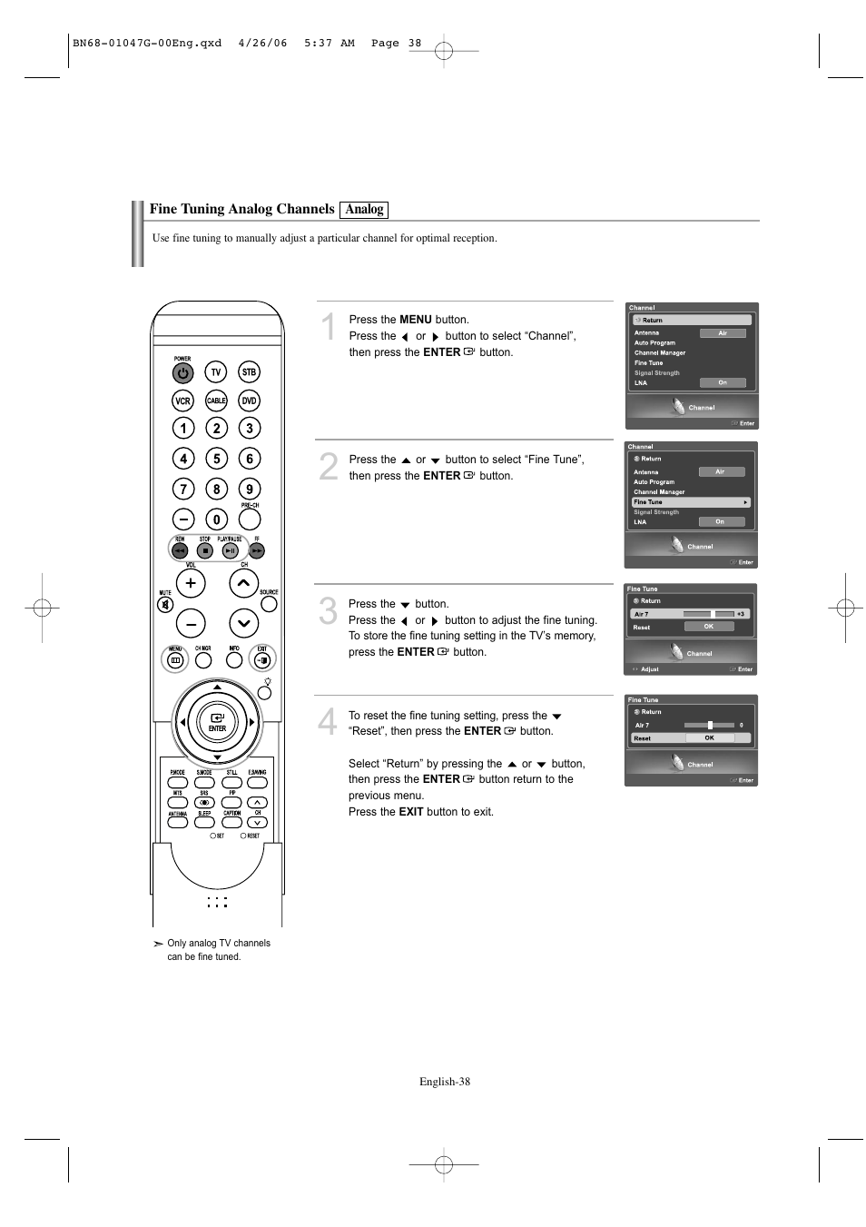 Fine tuning analog channels-analog | Samsung LNS5797DX-XAA User Manual | Page 40 / 302