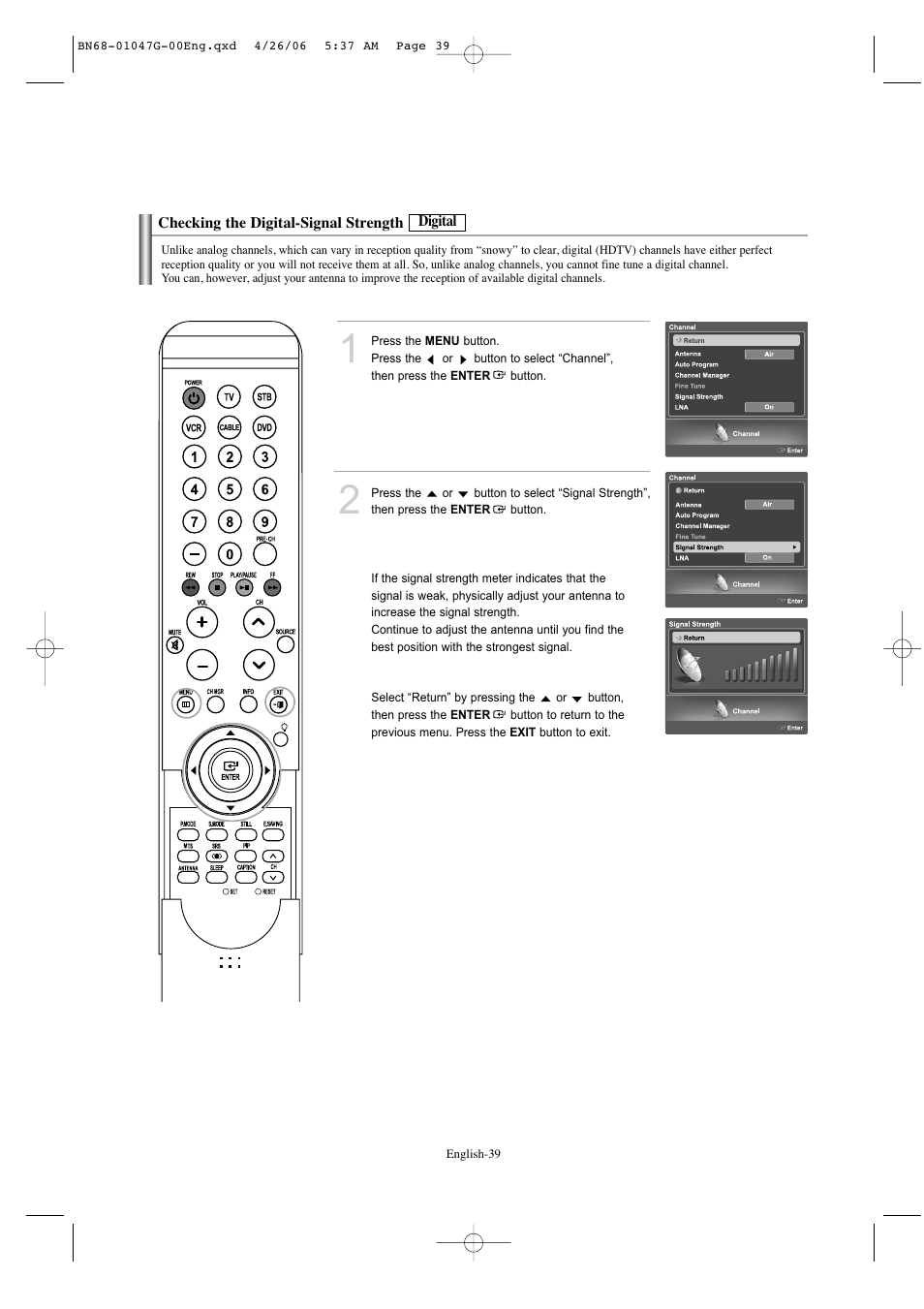 Checking the digital-signal strength-digital | Samsung LNS5797DX-XAA User Manual | Page 41 / 302