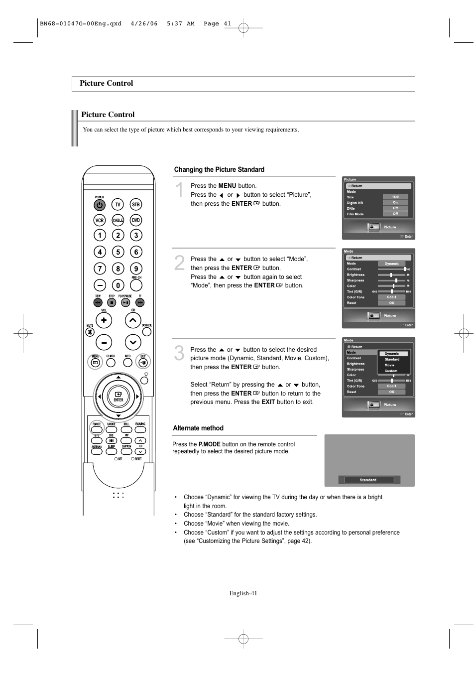 Picture control | Samsung LNS5797DX-XAA User Manual | Page 43 / 302