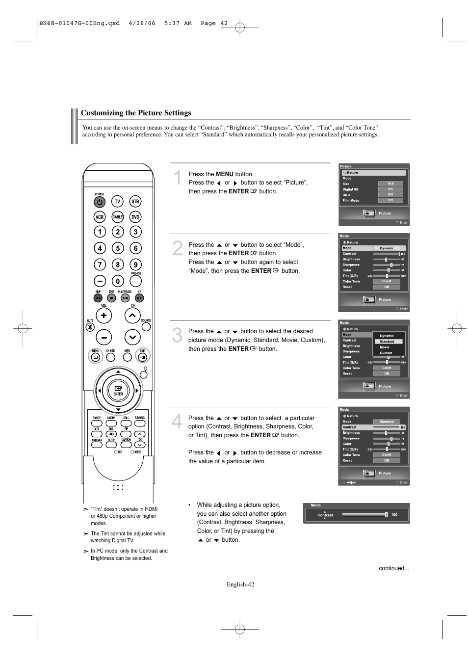 Customizing the picture settings | Samsung LNS5797DX-XAA User Manual | Page 44 / 302