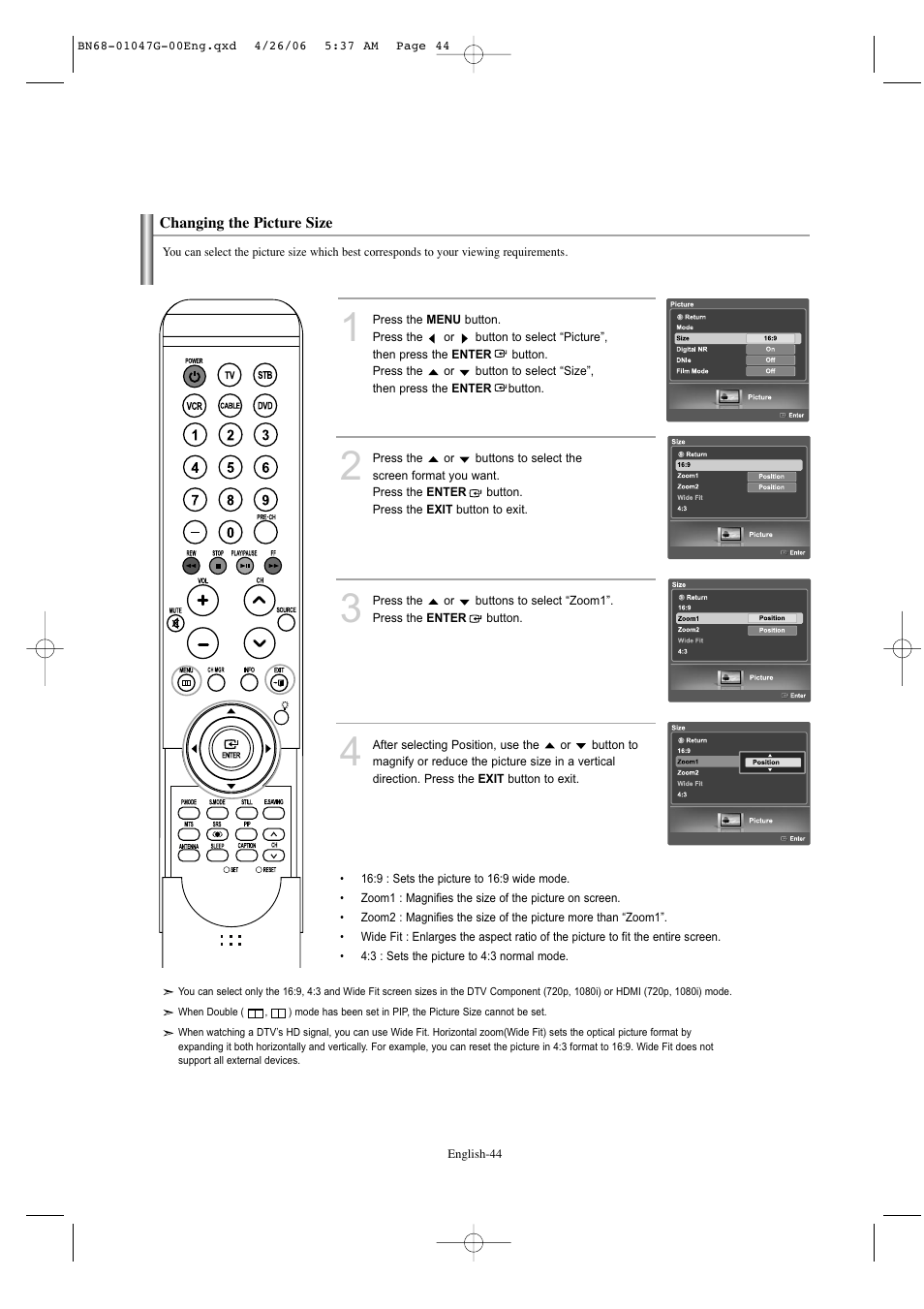 Changing the picture size | Samsung LNS5797DX-XAA User Manual | Page 46 / 302