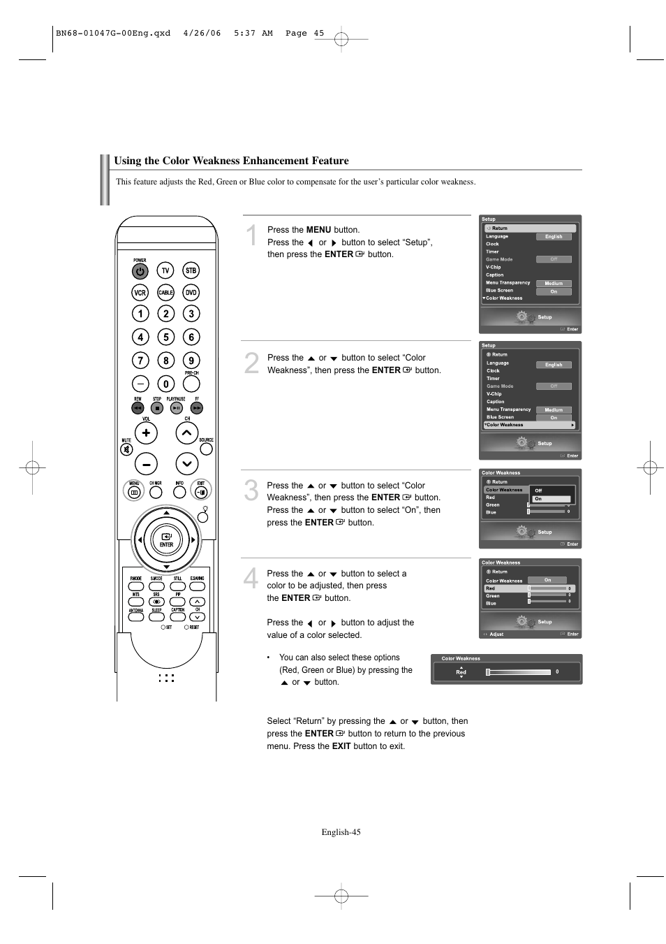 Using the color weakness enhancement feature | Samsung LNS5797DX-XAA User Manual | Page 47 / 302