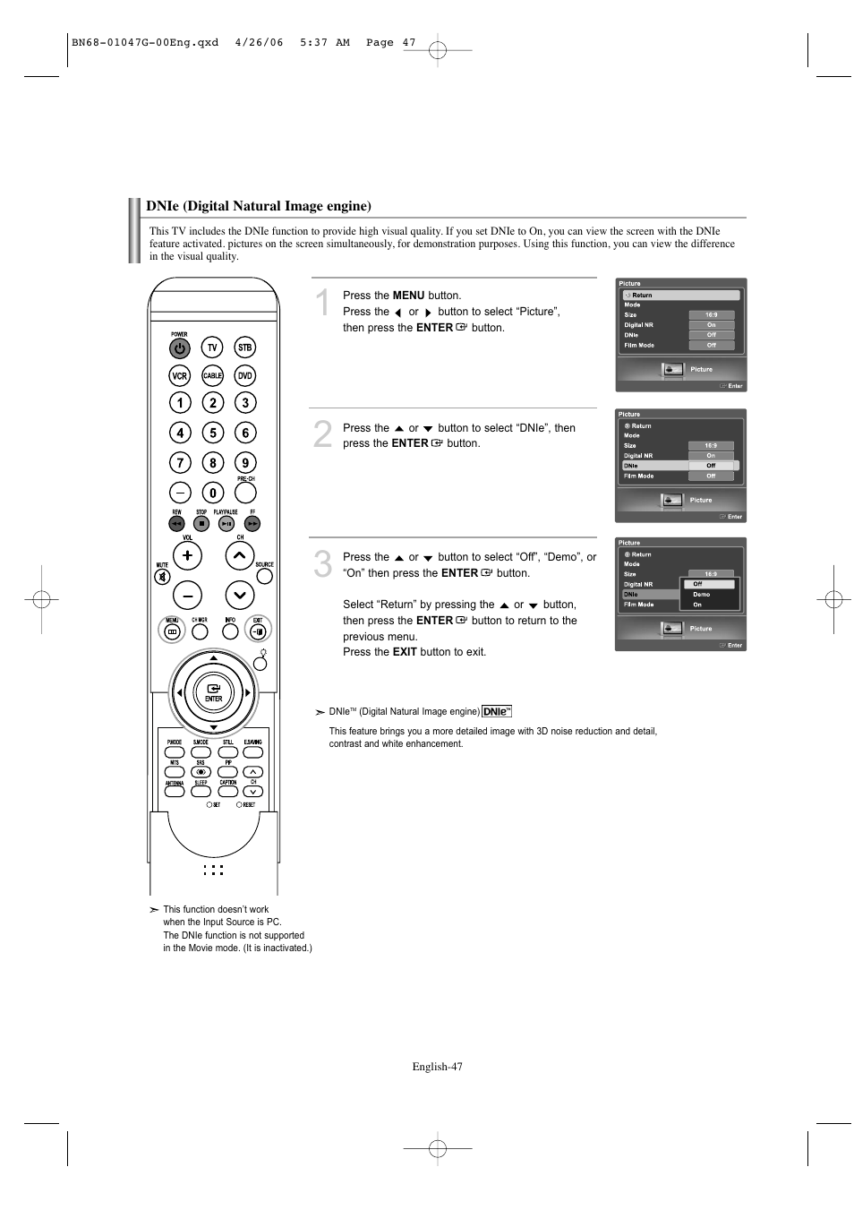 Dnie (digital natural image engine) | Samsung LNS5797DX-XAA User Manual | Page 49 / 302