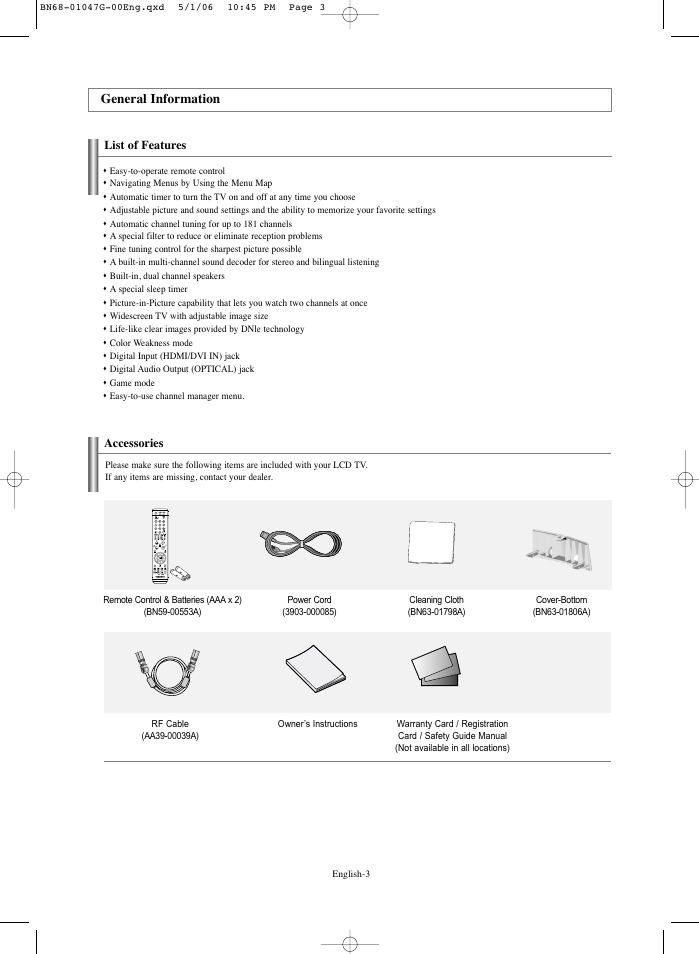General information, List of features, Accessories | Samsung LNS5797DX-XAA User Manual | Page 5 / 302
