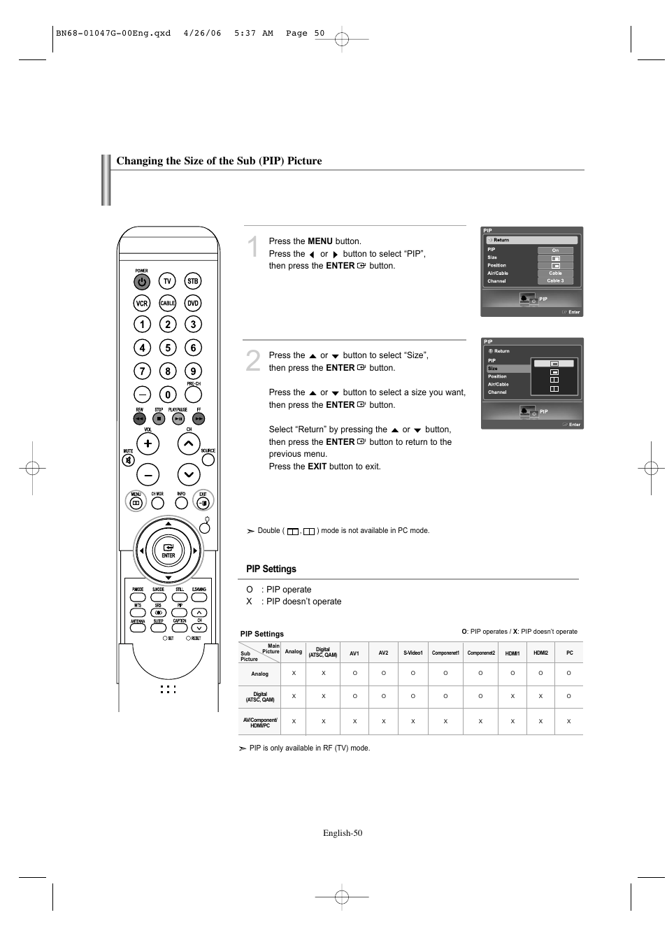 Changing the size of the sub (pip) picture | Samsung LNS5797DX-XAA User Manual | Page 52 / 302