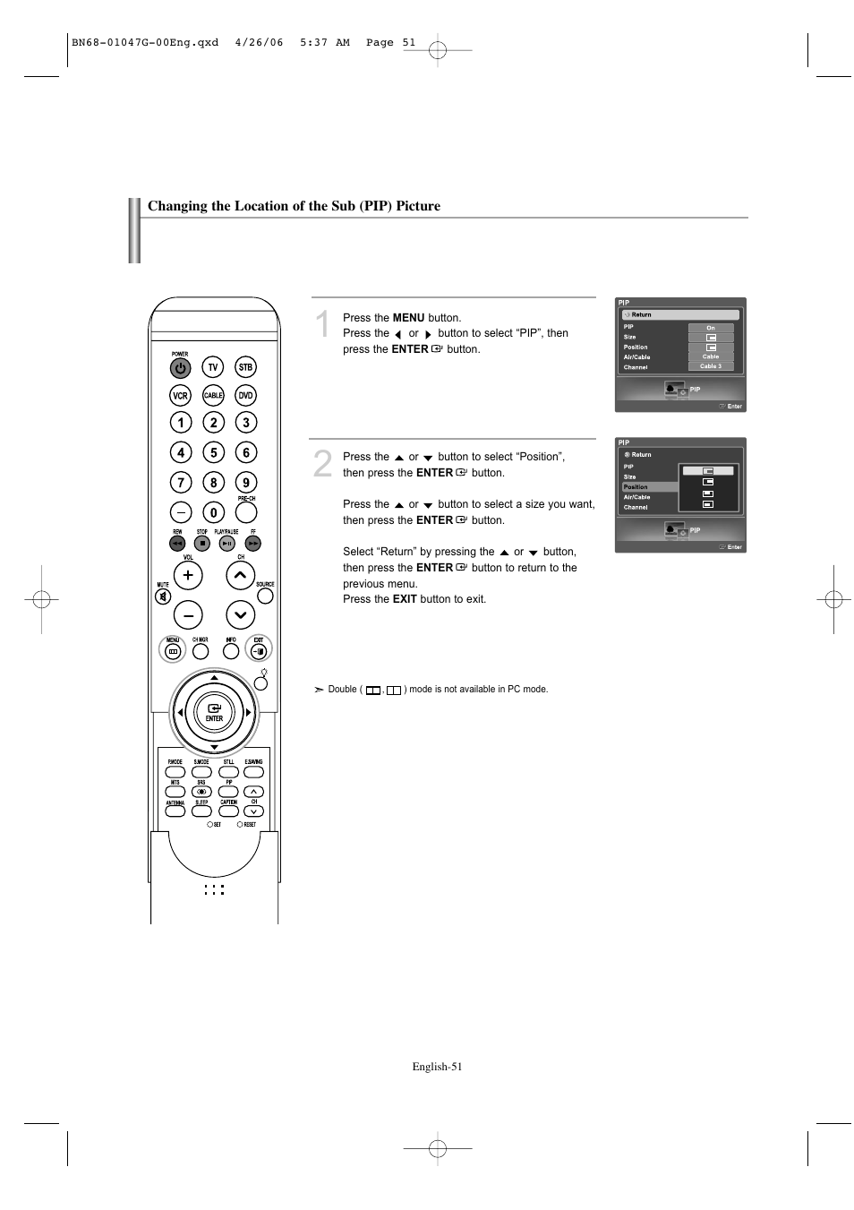 Changing the location of the sub (pip) picture | Samsung LNS5797DX-XAA User Manual | Page 53 / 302