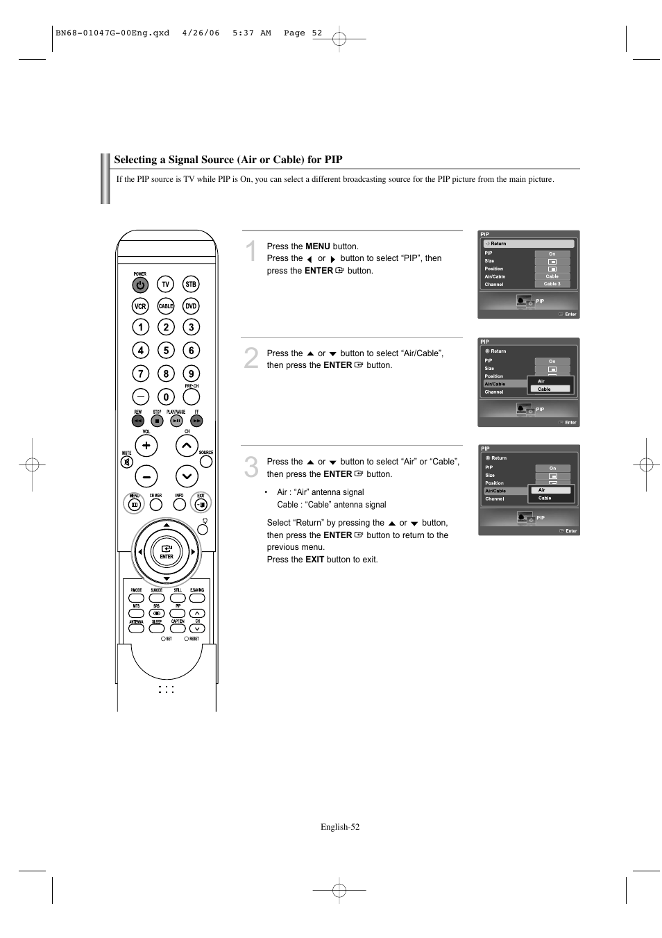 Selecting a signal source (air or cable) for pip | Samsung LNS5797DX-XAA User Manual | Page 54 / 302