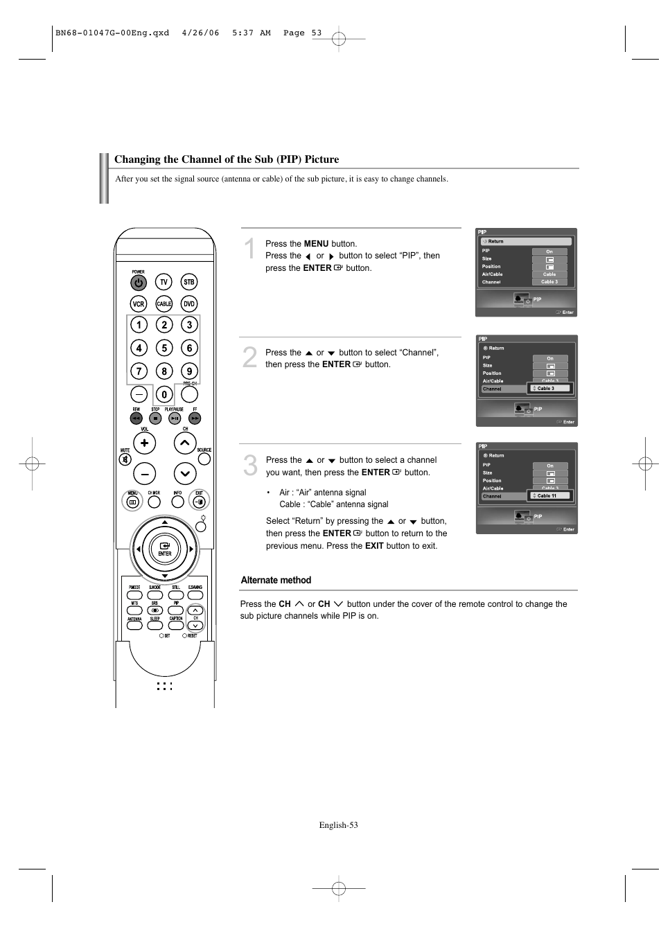 Changing the channel of the sub (pip) picture | Samsung LNS5797DX-XAA User Manual | Page 55 / 302
