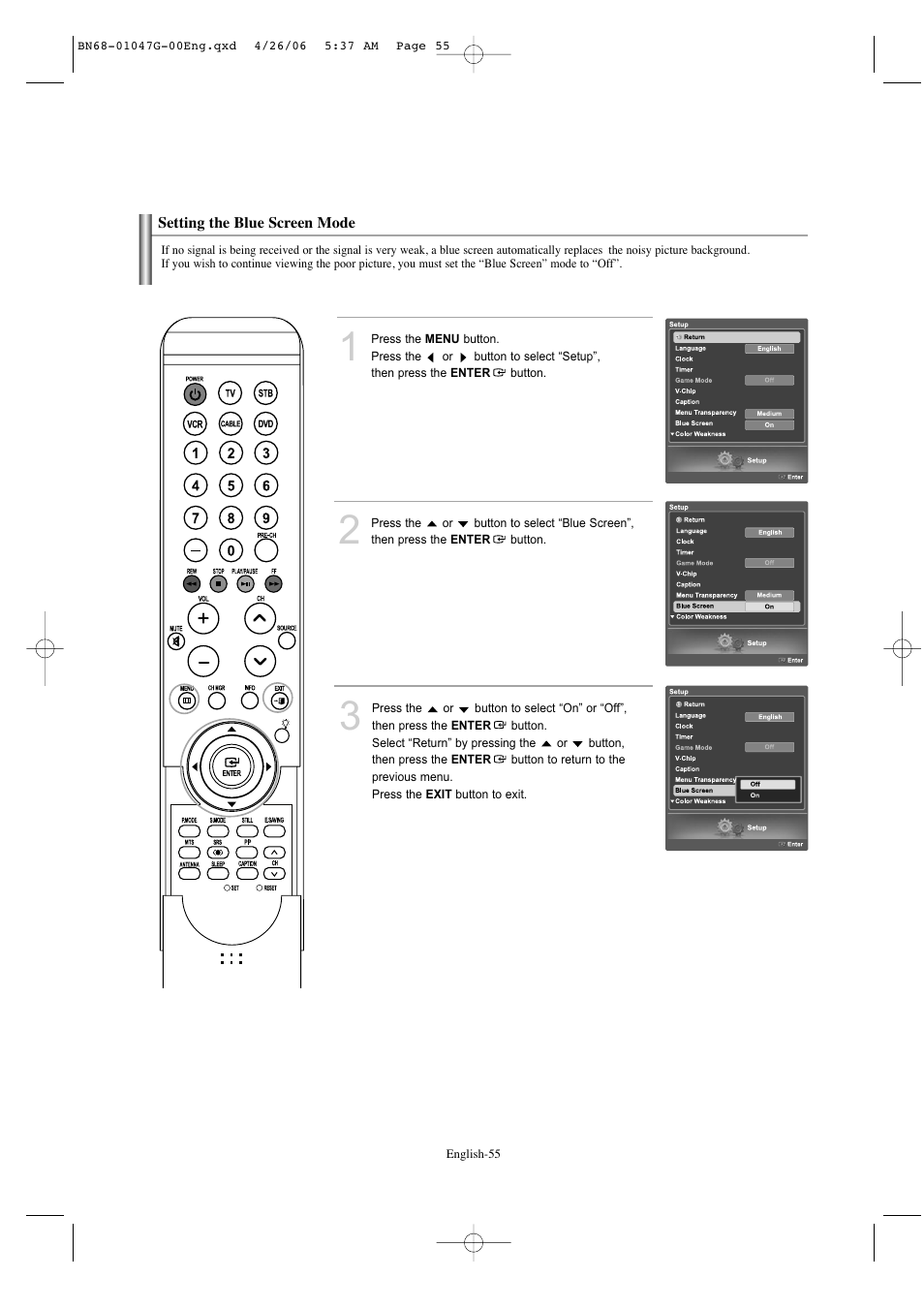 Setting the blue screen mode | Samsung LNS5797DX-XAA User Manual | Page 57 / 302