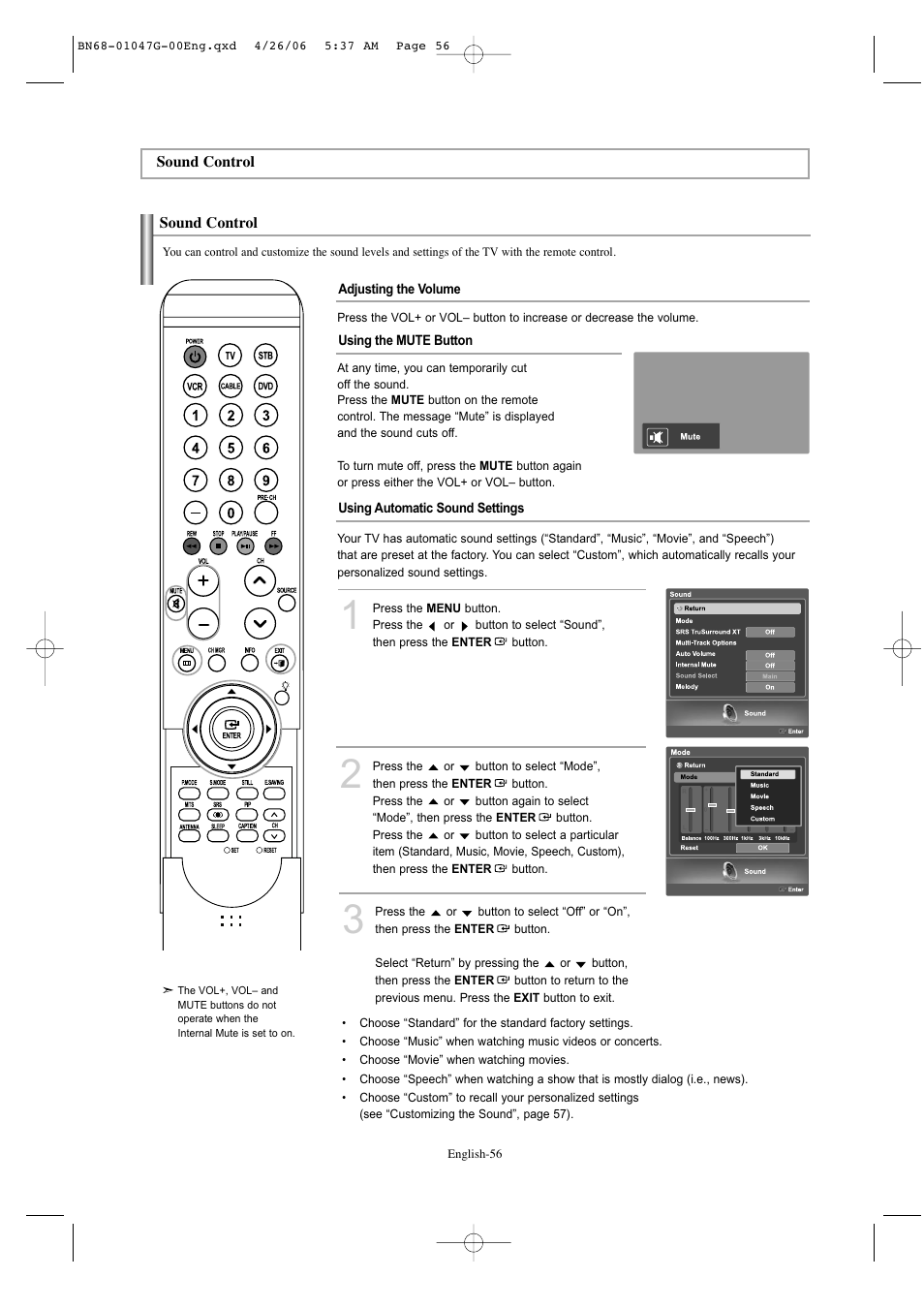 Sound control | Samsung LNS5797DX-XAA User Manual | Page 58 / 302