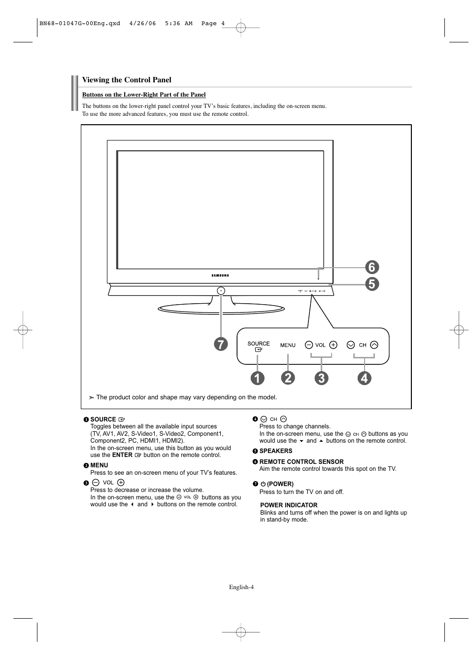 Viewing the control panel | Samsung LNS5797DX-XAA User Manual | Page 6 / 302