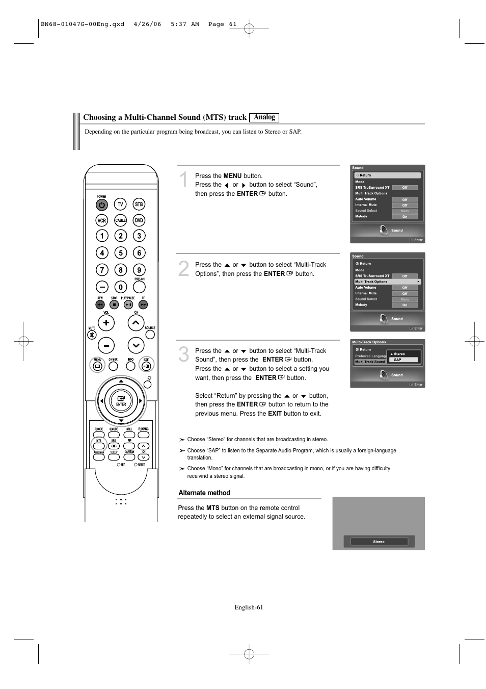 Choosing a multi-channel sound (mts) track-analog | Samsung LNS5797DX-XAA User Manual | Page 63 / 302