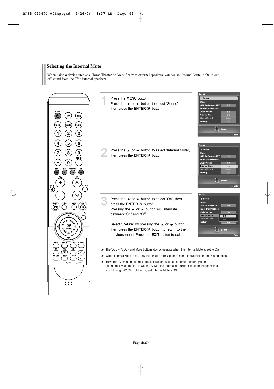 Selecting the internal mute | Samsung LNS5797DX-XAA User Manual | Page 64 / 302
