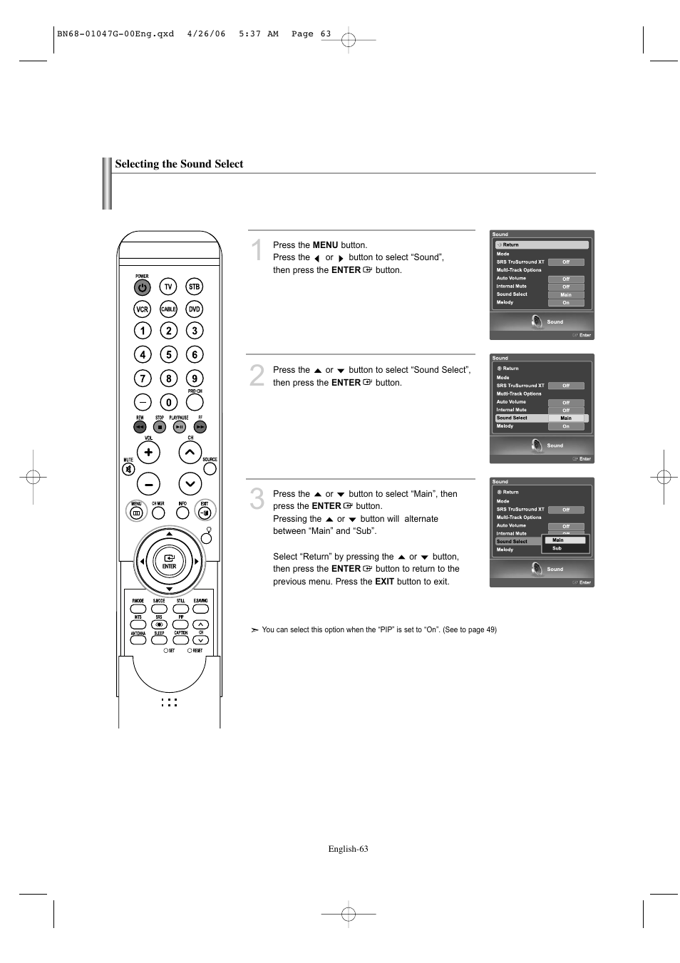 Selecting the sound select | Samsung LNS5797DX-XAA User Manual | Page 65 / 302