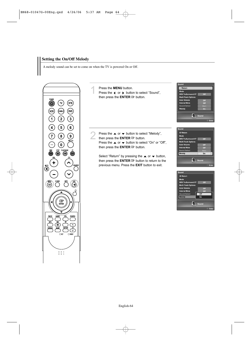 Setting the on/off melody | Samsung LNS5797DX-XAA User Manual | Page 66 / 302