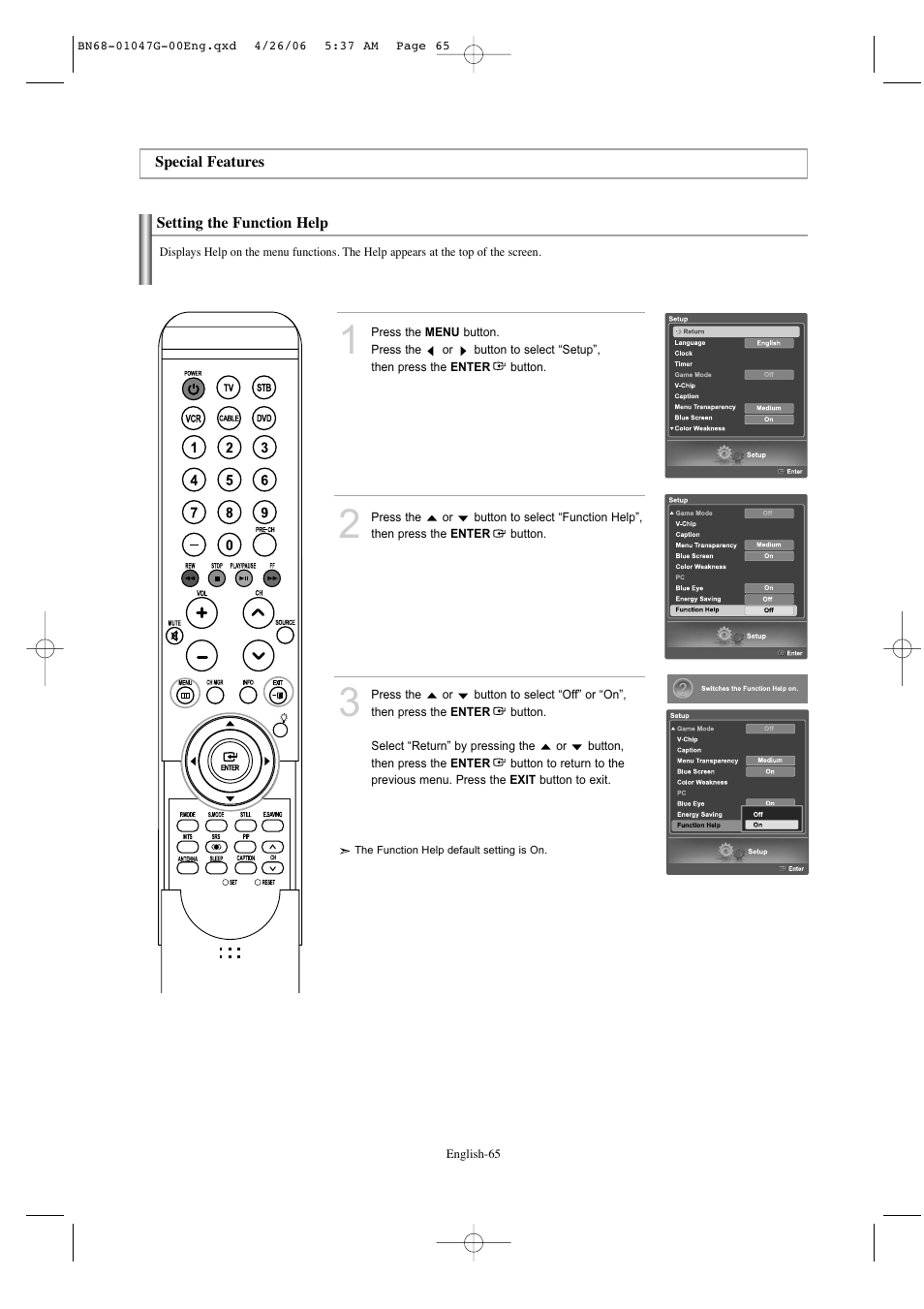 Special features, Setting the function help | Samsung LNS5797DX-XAA User Manual | Page 67 / 302