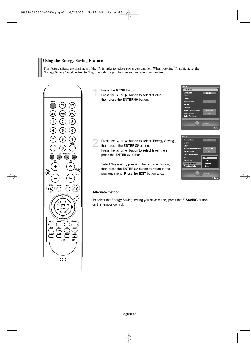 Setting the energy saving | Samsung LNS5797DX-XAA User Manual | Page 68 / 302