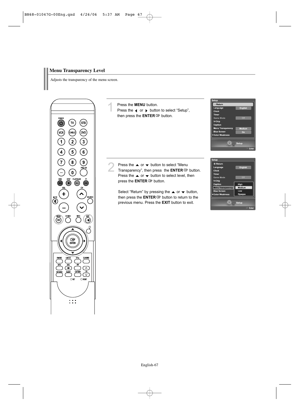 Menu transparency level | Samsung LNS5797DX-XAA User Manual | Page 69 / 302