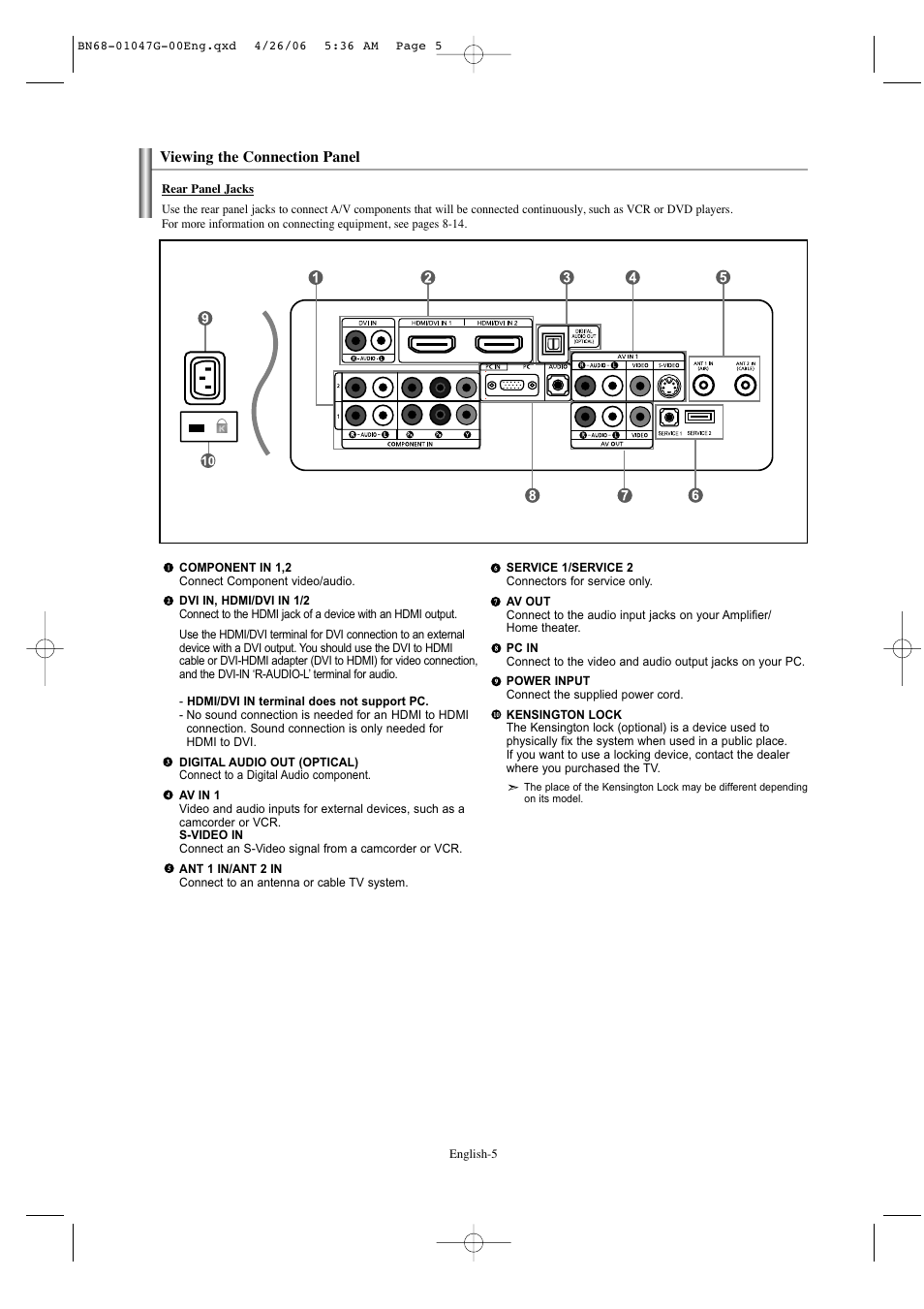 Viewing the connection panel | Samsung LNS5797DX-XAA User Manual | Page 7 / 302