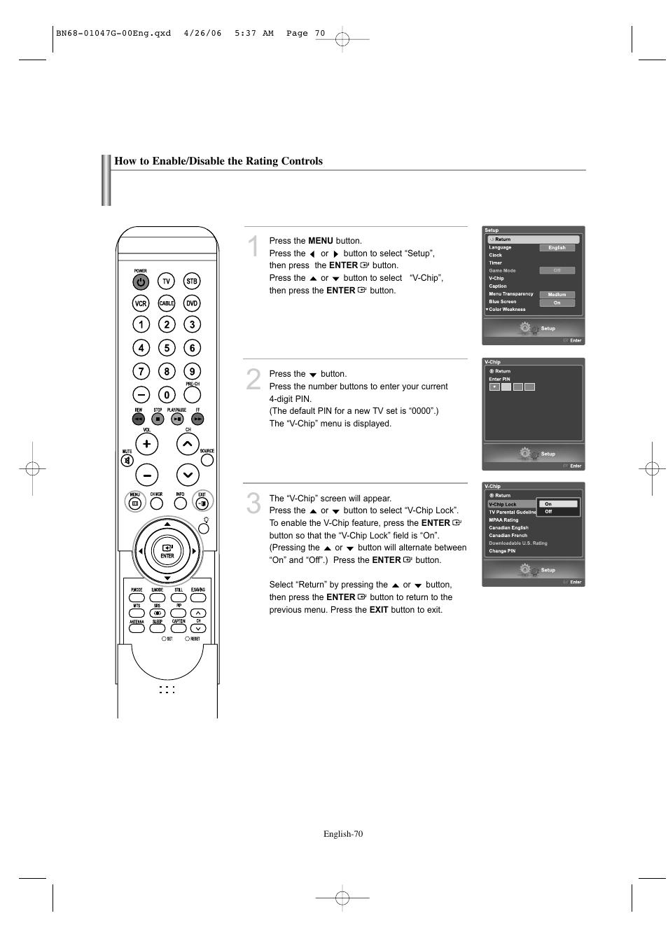 How to enable/disable the rating controls | Samsung LNS5797DX-XAA User Manual | Page 72 / 302