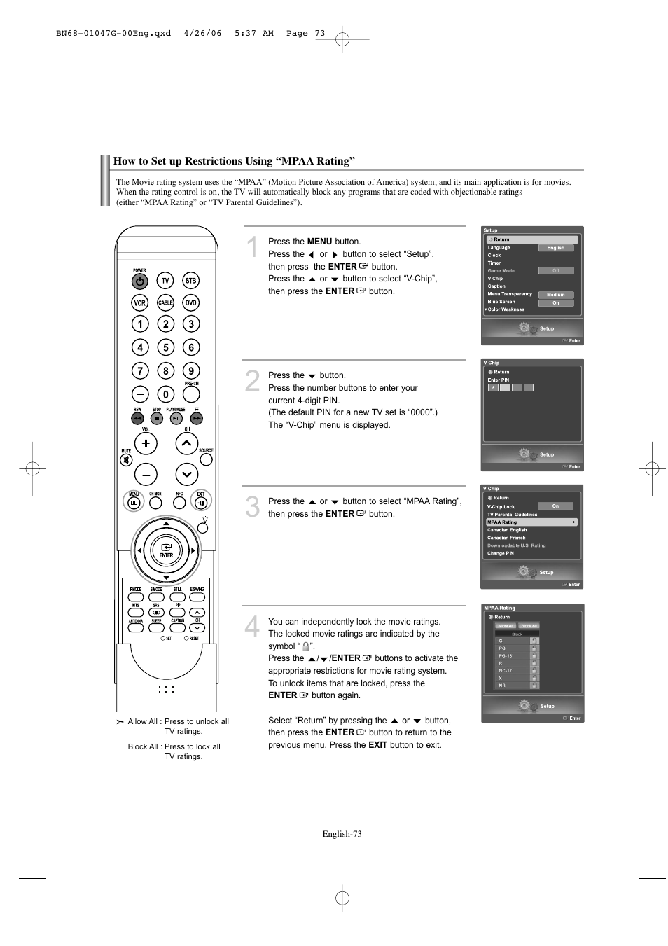 How to set up restrictions using “mpaarating | Samsung LNS5797DX-XAA User Manual | Page 75 / 302