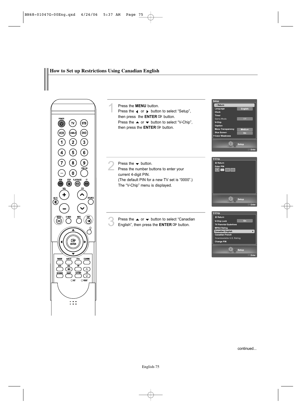 How to set up restrictions using canadian english | Samsung LNS5797DX-XAA User Manual | Page 77 / 302