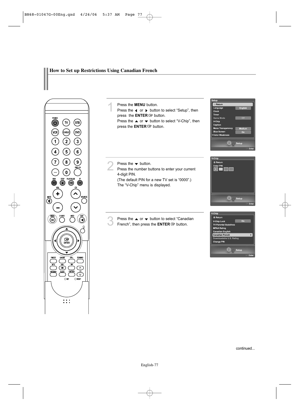 How to set up restrictions using canadian french | Samsung LNS5797DX-XAA User Manual | Page 79 / 302