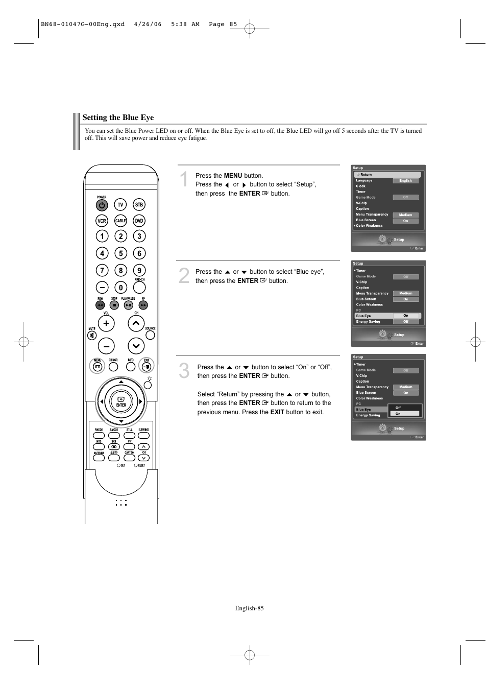 Setting the blue eye | Samsung LNS5797DX-XAA User Manual | Page 87 / 302
