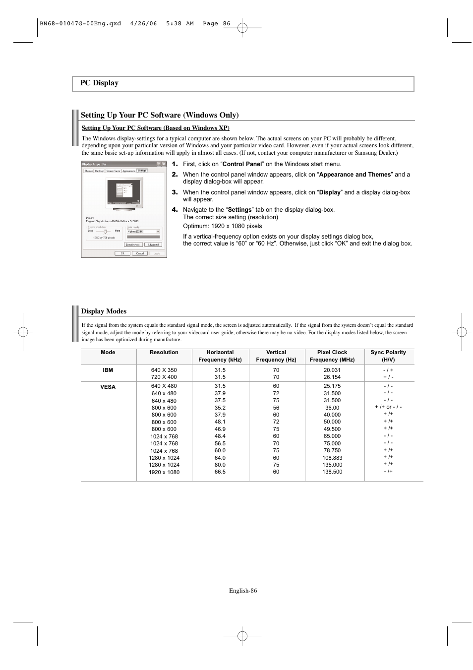 Pc display, Setting up your pc software (windows only), Display modes | Samsung LNS5797DX-XAA User Manual | Page 88 / 302