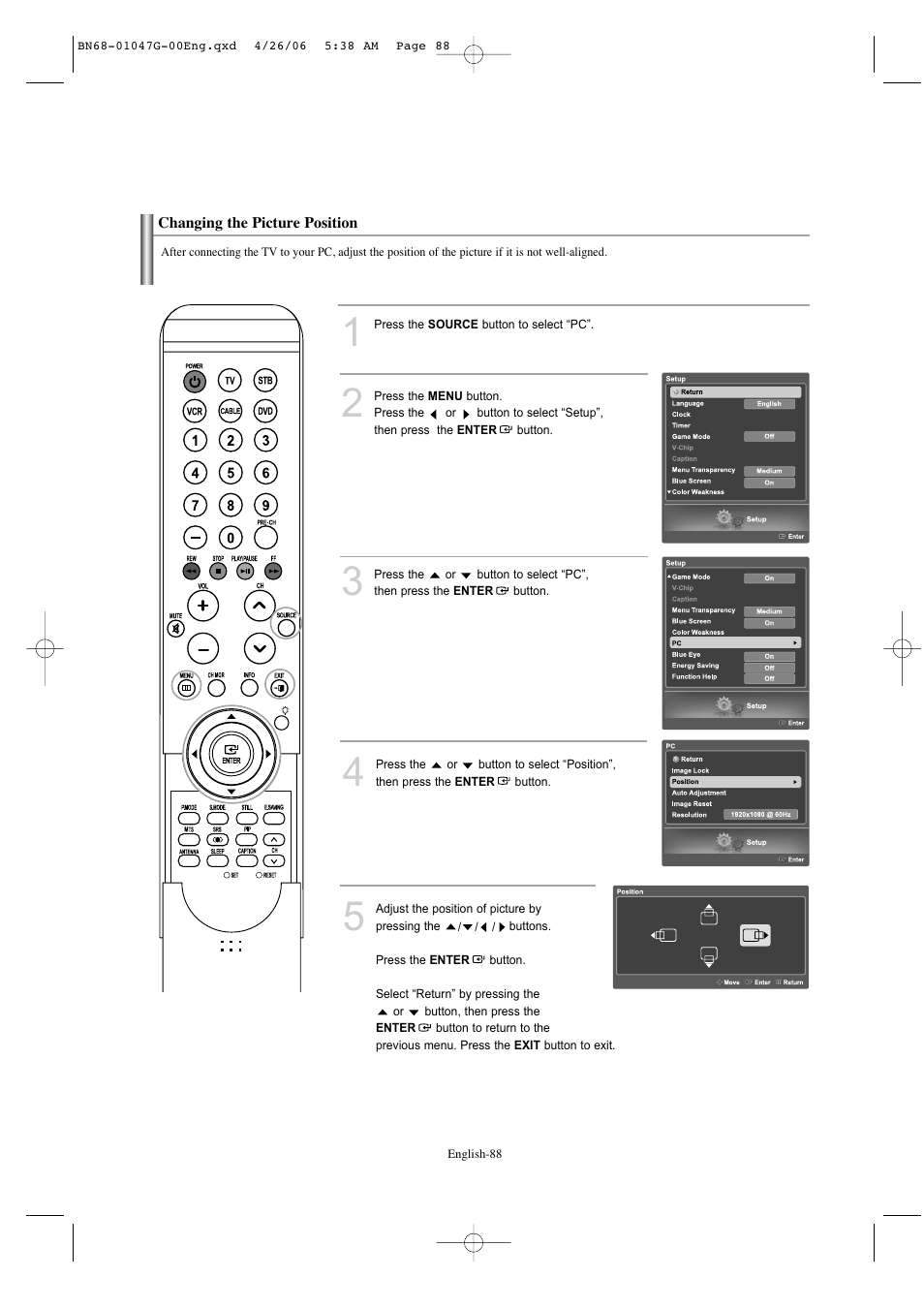 Changing the picture position | Samsung LNS5797DX-XAA User Manual | Page 90 / 302