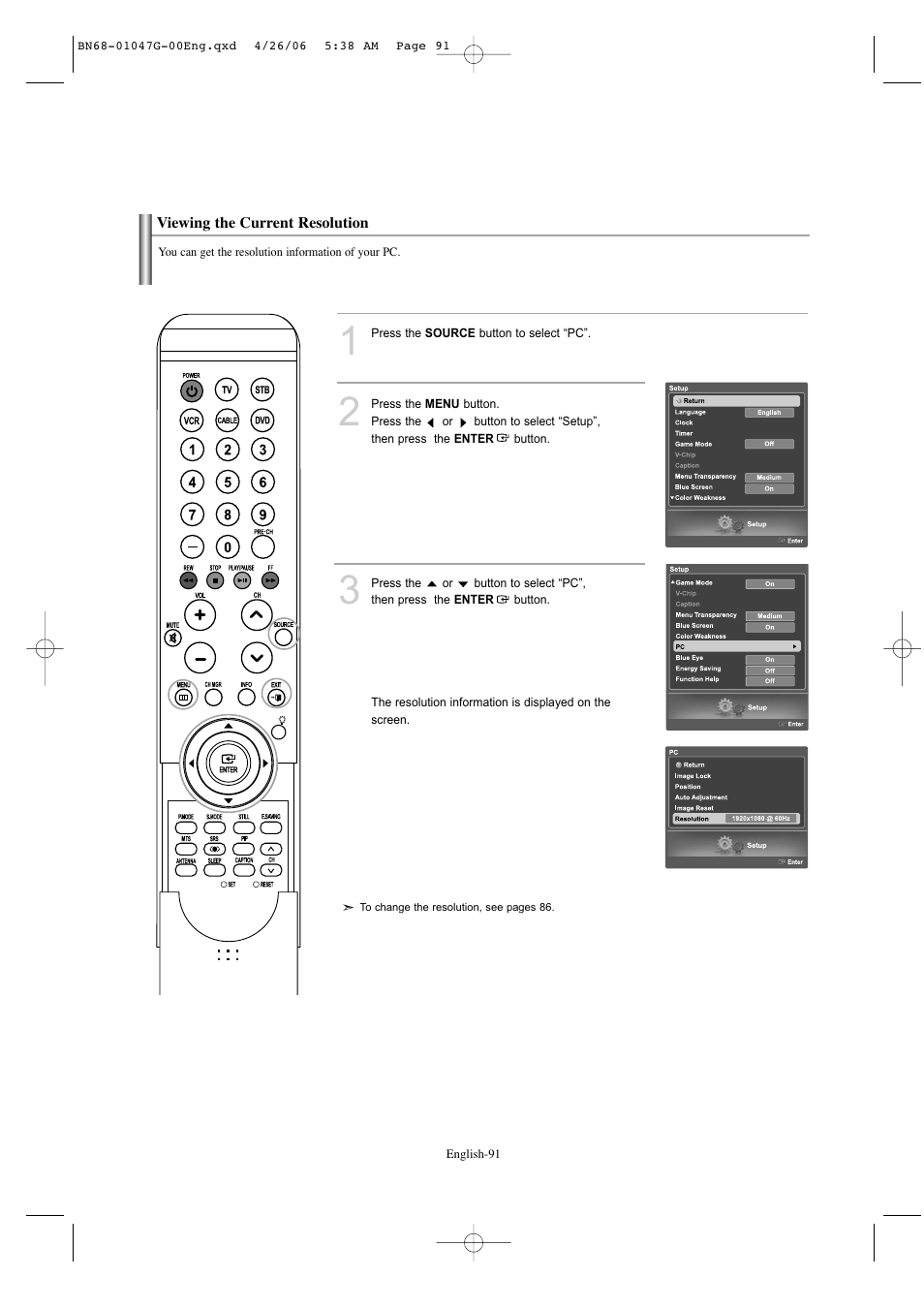 Viewing the current resolution | Samsung LNS5797DX-XAA User Manual | Page 93 / 302