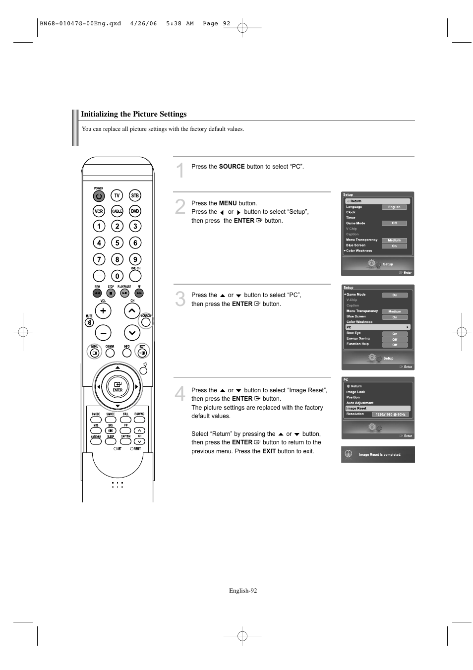 Initializing the picture settings | Samsung LNS5797DX-XAA User Manual | Page 94 / 302