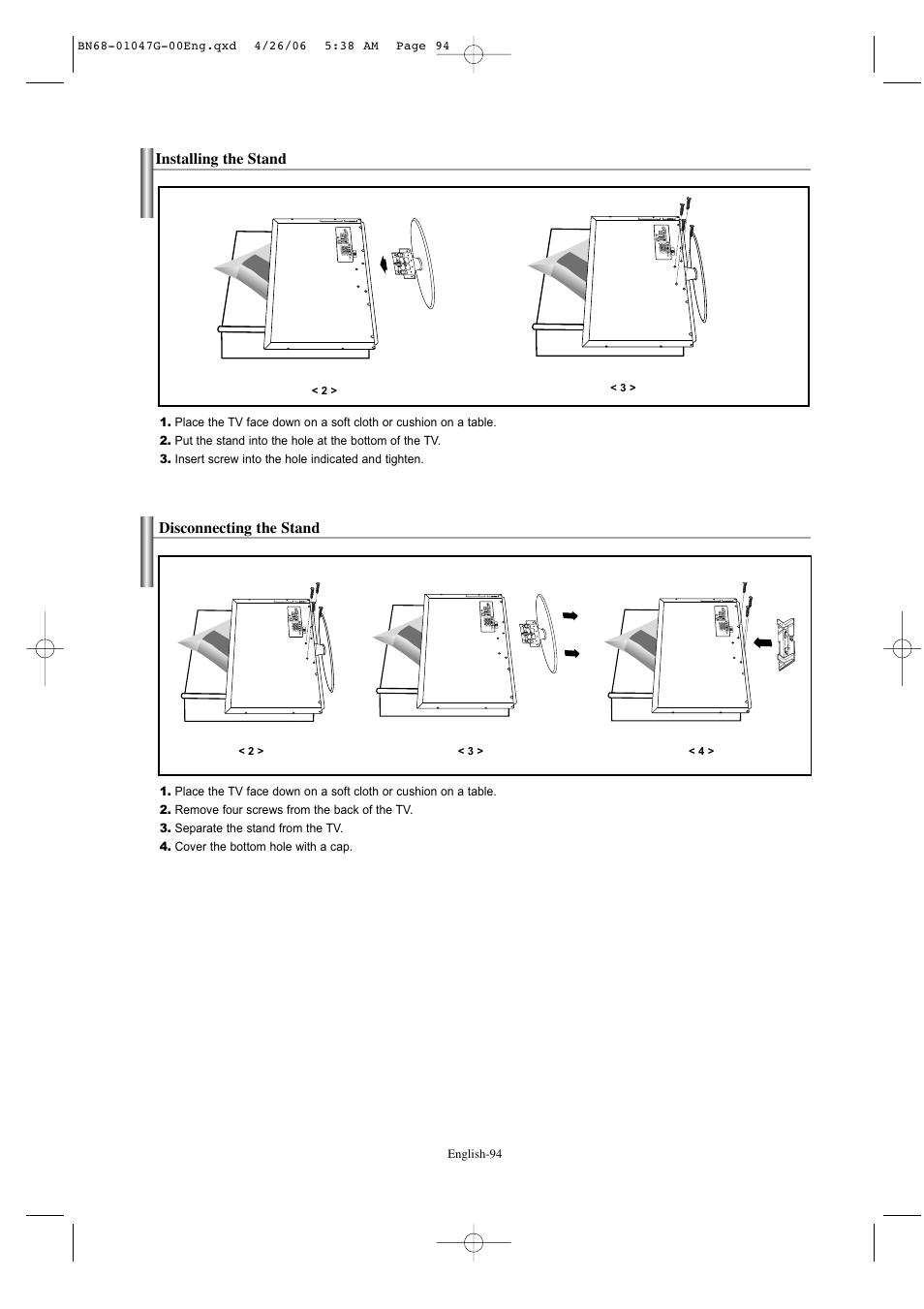 Installing the stand, Disconnecting the stand | Samsung LNS5797DX-XAA User Manual | Page 96 / 302