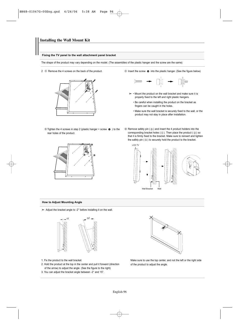Installing the wall mount kit | Samsung LNS5797DX-XAA User Manual | Page 98 / 302