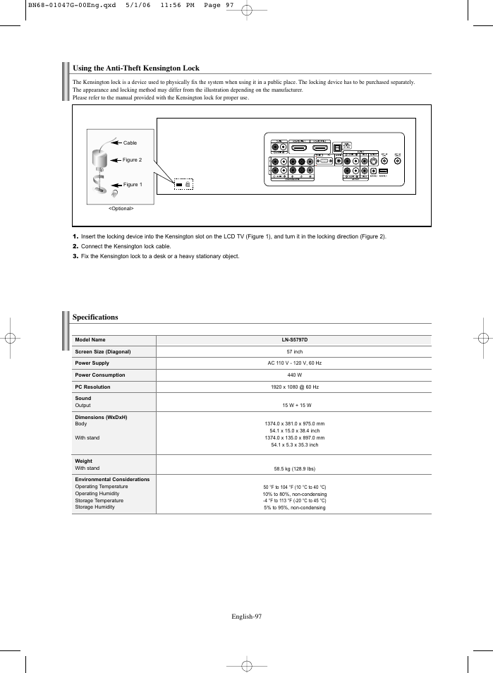 Using the anti-theft kensington lock, Specifications | Samsung LNS5797DX-XAA User Manual | Page 99 / 302