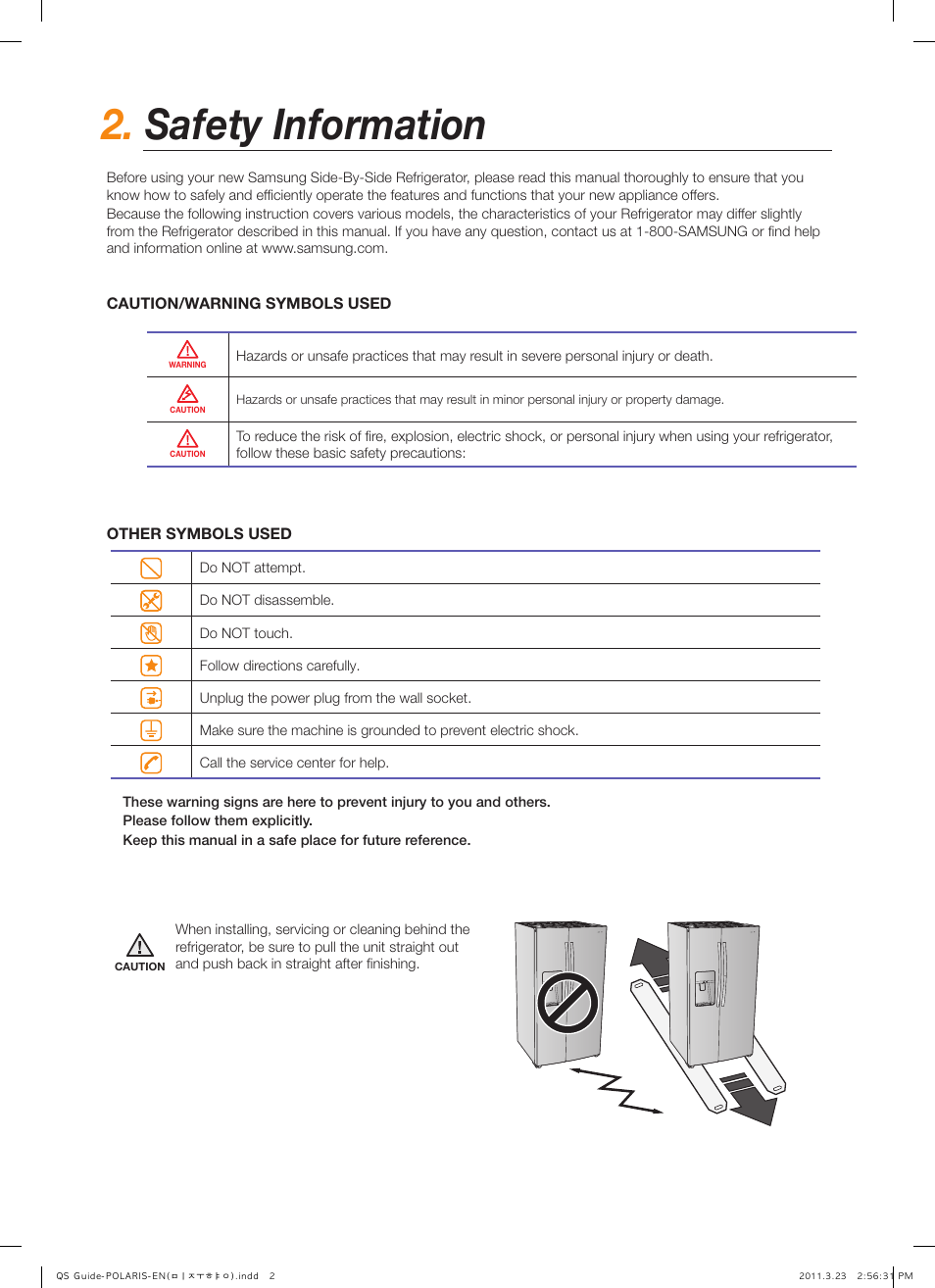 Safety information | Samsung RSG307AABP-XAA User Manual | Page 2 / 9