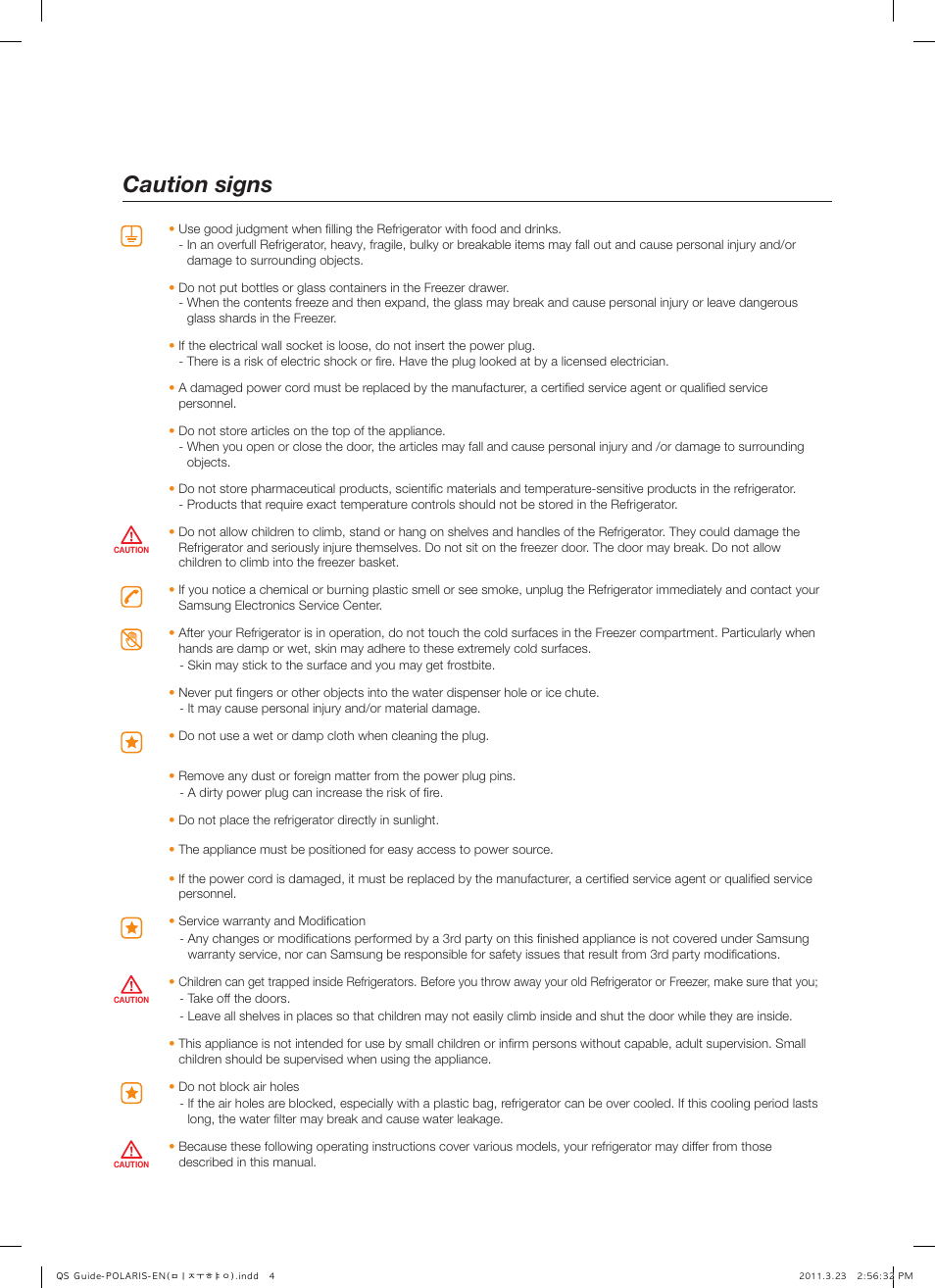 Caution signs | Samsung RSG307AABP-XAA User Manual | Page 4 / 9