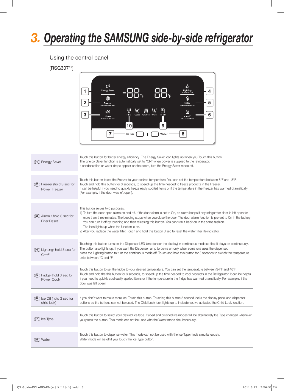 Operating the samsung side-by-side refrigerator, Using the control panel | Samsung RSG307AABP-XAA User Manual | Page 5 / 9